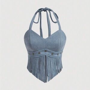 Blue Halter Fringe Top